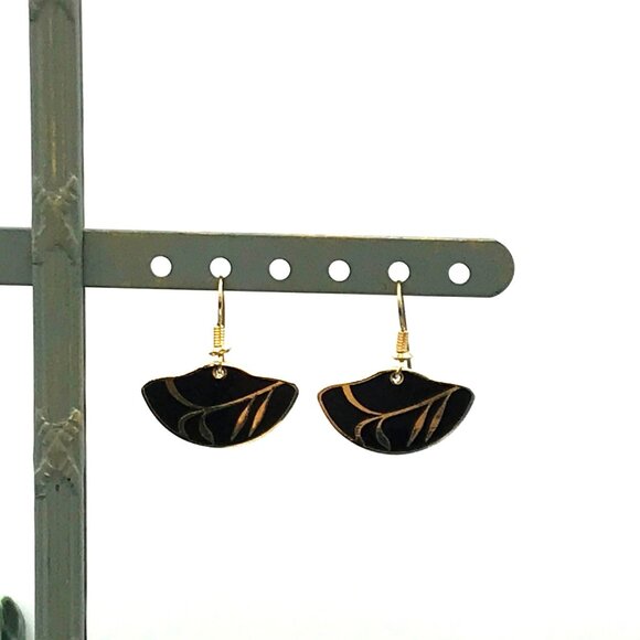 Vintage Gold & Black Enamel Roman Half-Moon Drop Earrings With Abstract Design - Picture 6 of 6